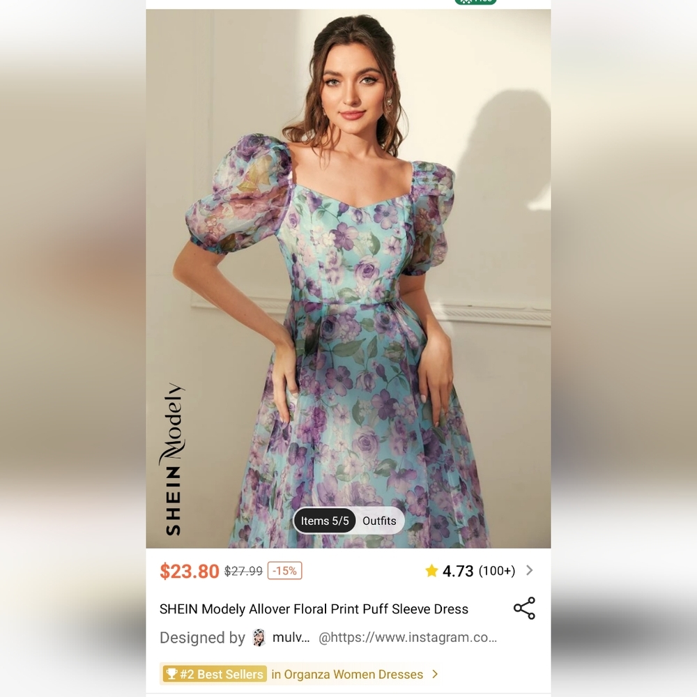 Shein Floral Print Puffed Sleeve Dress